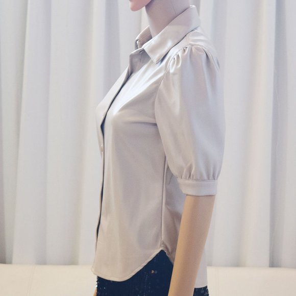 Faux Leather Puff Sleeve Button Front Top in Bone - Picture 5 of 12